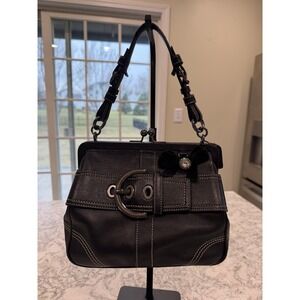 Coach Hampton Frame Bag Black Leather Kiss Lock Satchel Vintage 8A12 C05S-8A12